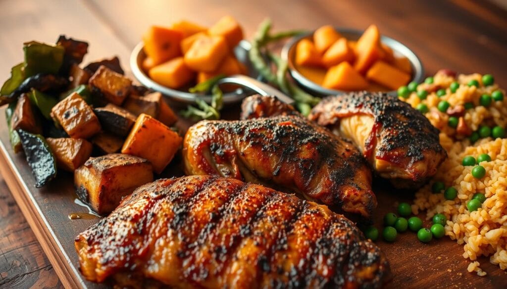 jerk chicken with side dishes